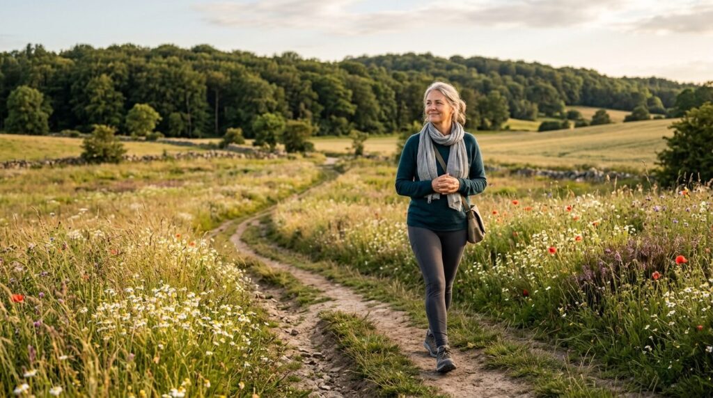A middle-aged woman in comfortable wellness attire walking m
