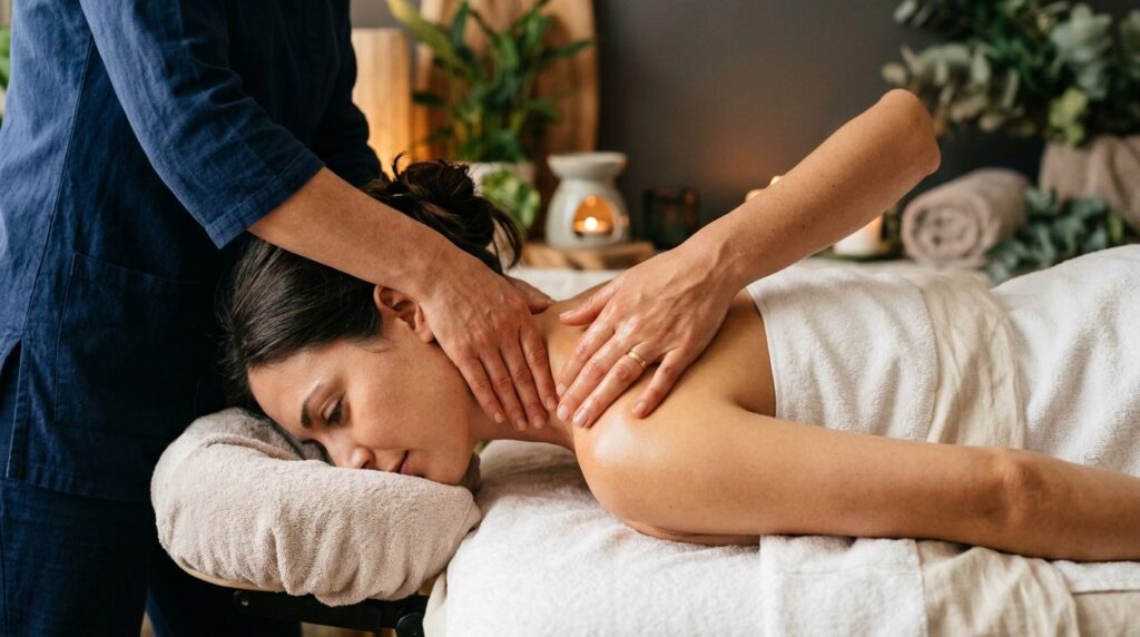 Close-up detail shot of therapeutic massage hands working on