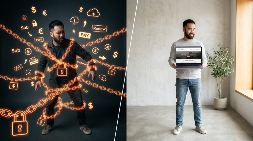 Split-screen conceptual photography: Left side shows a perso