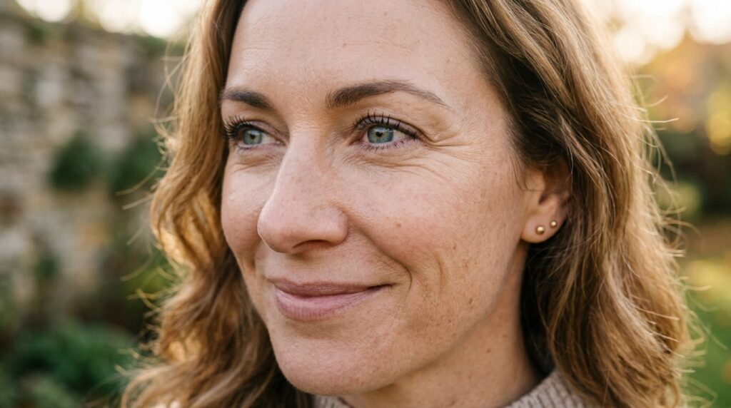 Close-up of womans face showing natural eye area with subtl