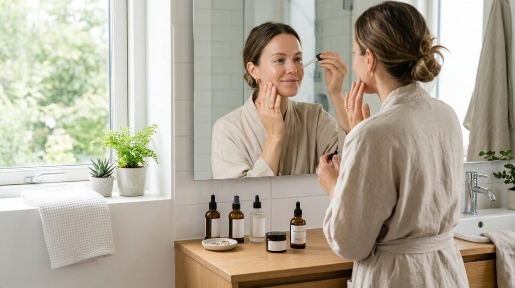 Woman applying skincare serum or treatment to face in modern