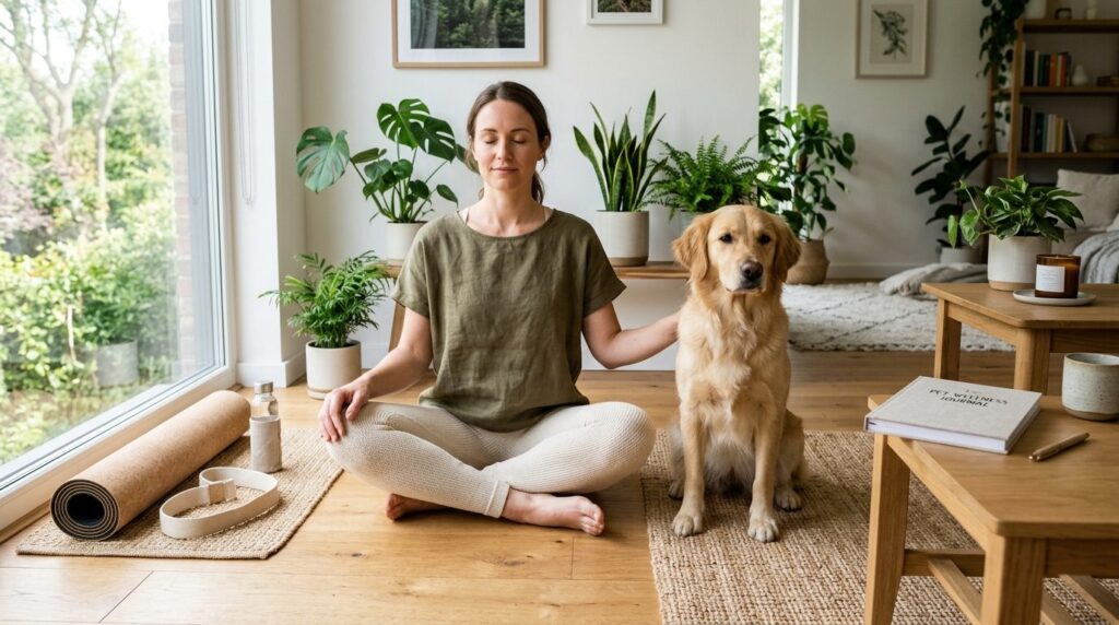 Modern pet wellness lifestyle scene: A mindful dog owner sit