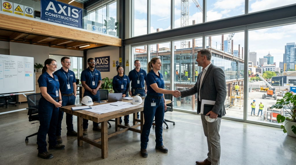 Wide shot of a professional team in coordinated work uniform