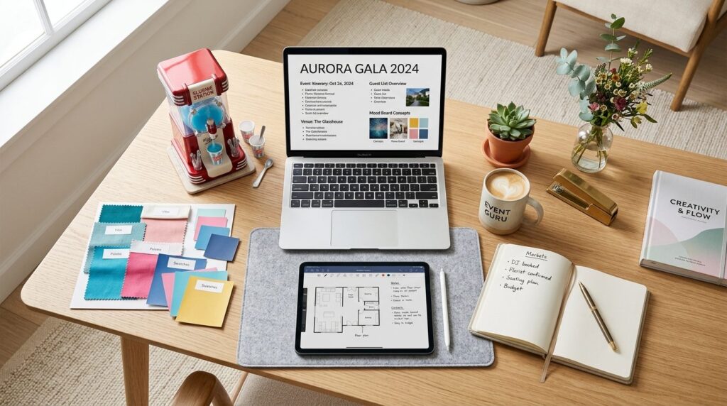 Overhead flat-lay style photography of an event planning wor