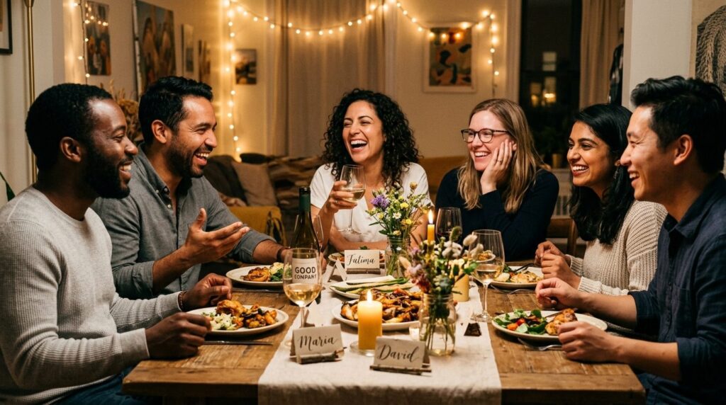 Authentic candid photograph of a diverse group of friends la