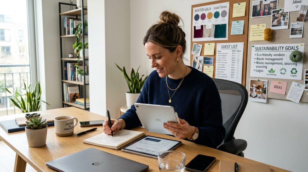 Modern social coordinator woman in her 30s reviewing event p
