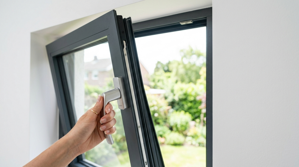 Close-up detail of modern top-hung window mechanism being op