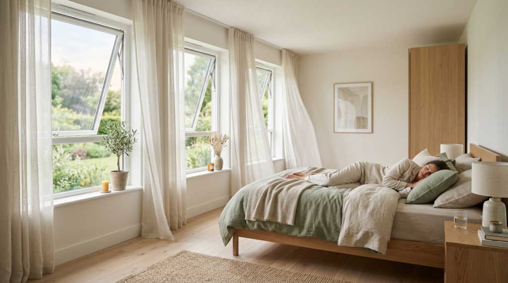 Serene bedroom interior featuring top-hung windows with soft