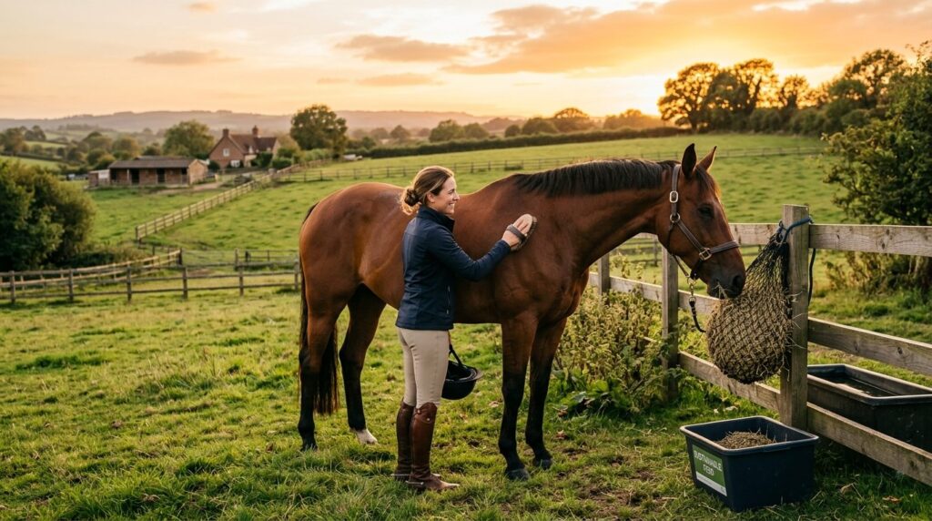 Active rider in equestrian attire tending to a healthy, well