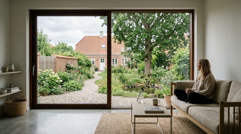 Minimalist home interior with crystal clear windows overlook