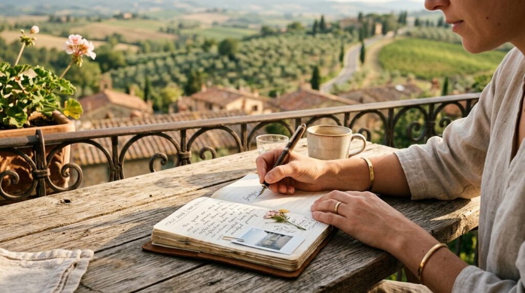 Close-up of a womans hands writing in a travel journal whil