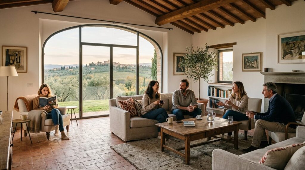 Interior shot of a contemporary Italian villa living room wi