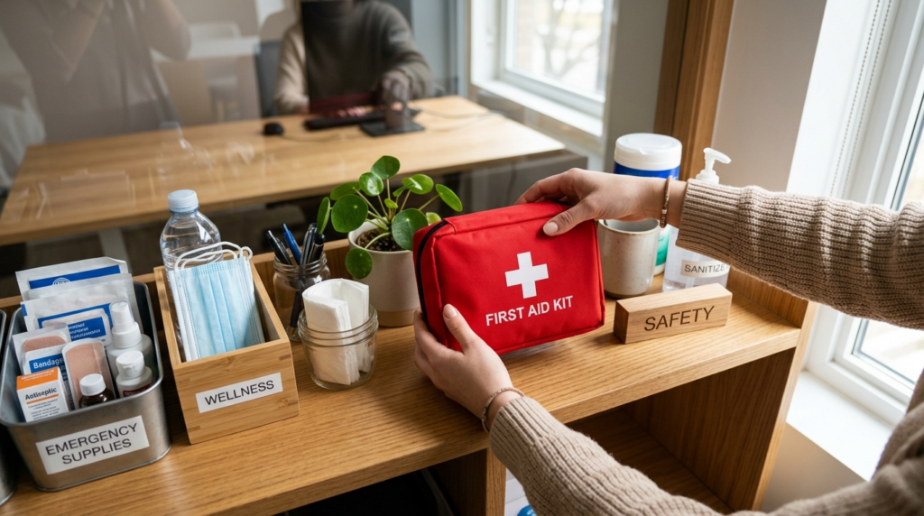 Close-up overhead shot of hands placing a first aid kit on a