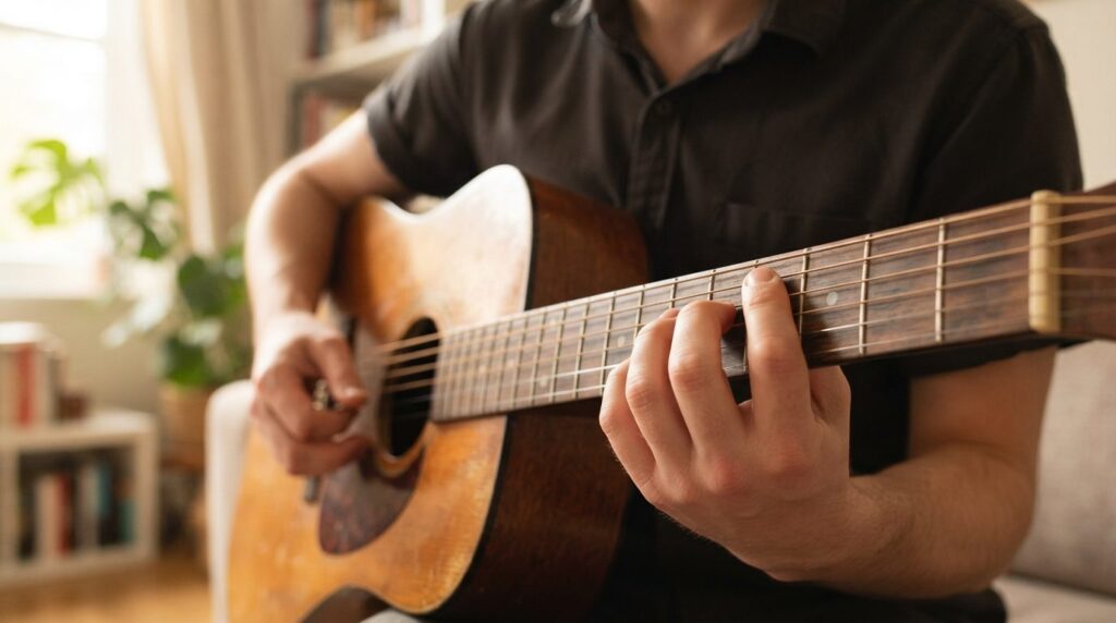 Close-up of beginner hands learning guitar finger placement