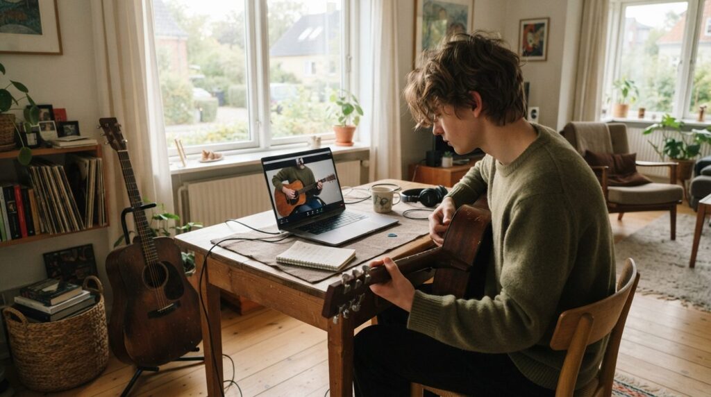 Young person taking online guitar lesson on laptop at home d