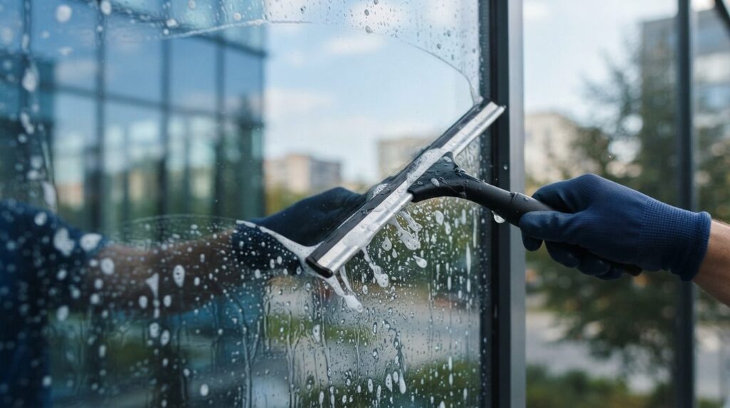 Close-up detail shot of a squeegee cleaning a window pane wi