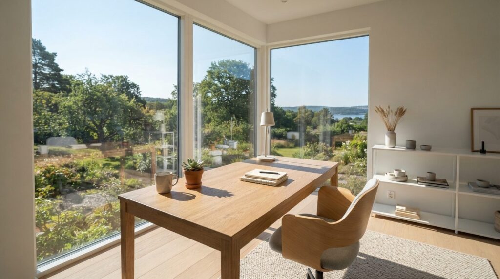 Wide angle view of a bright minimalist home office with crys