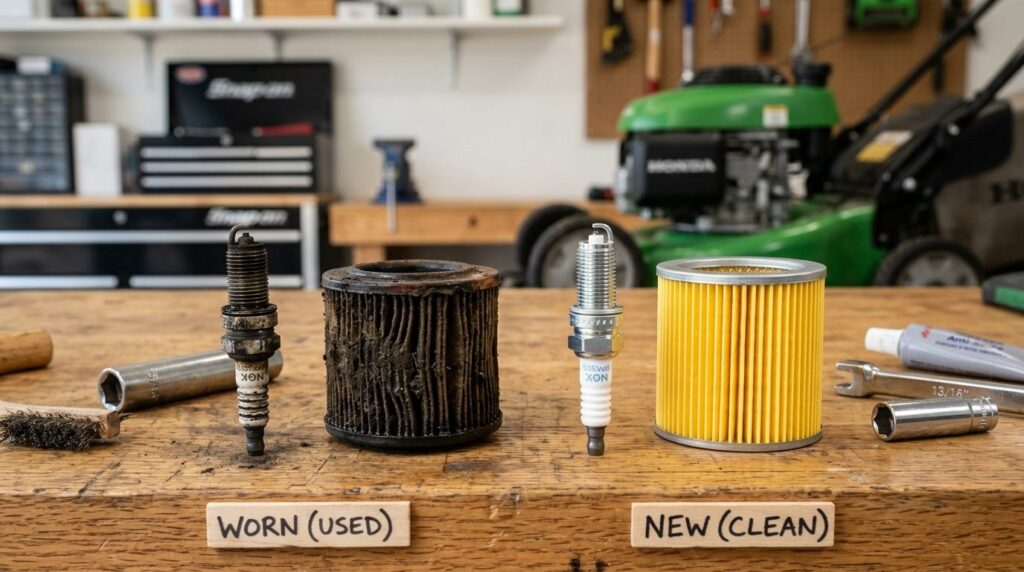 Detailed macro photography of lawn mower spark plug and air 