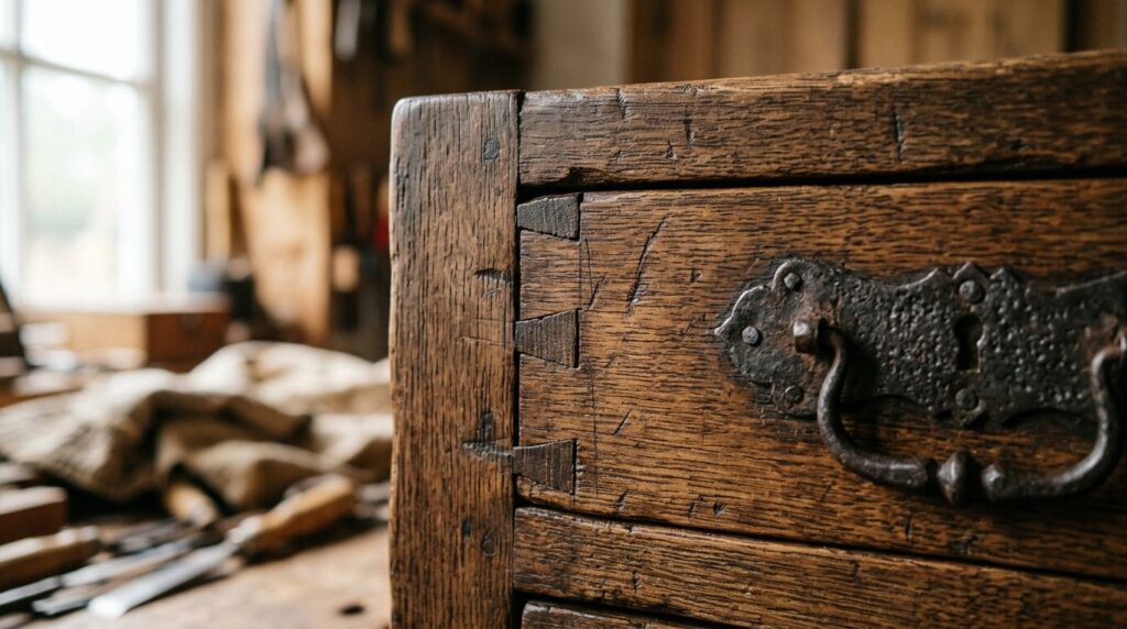 Close-up detail shot of authentic antique furniture joinery 
