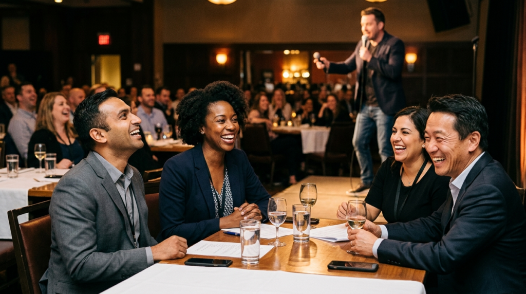 Diverse group of professionals laughing genuinely during a c