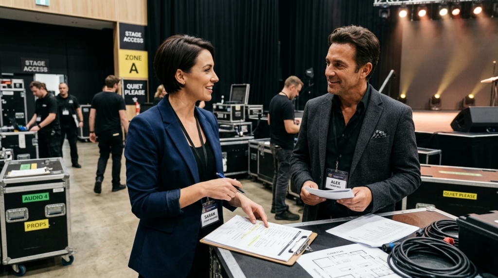 Event manager confidently communicating with professional en