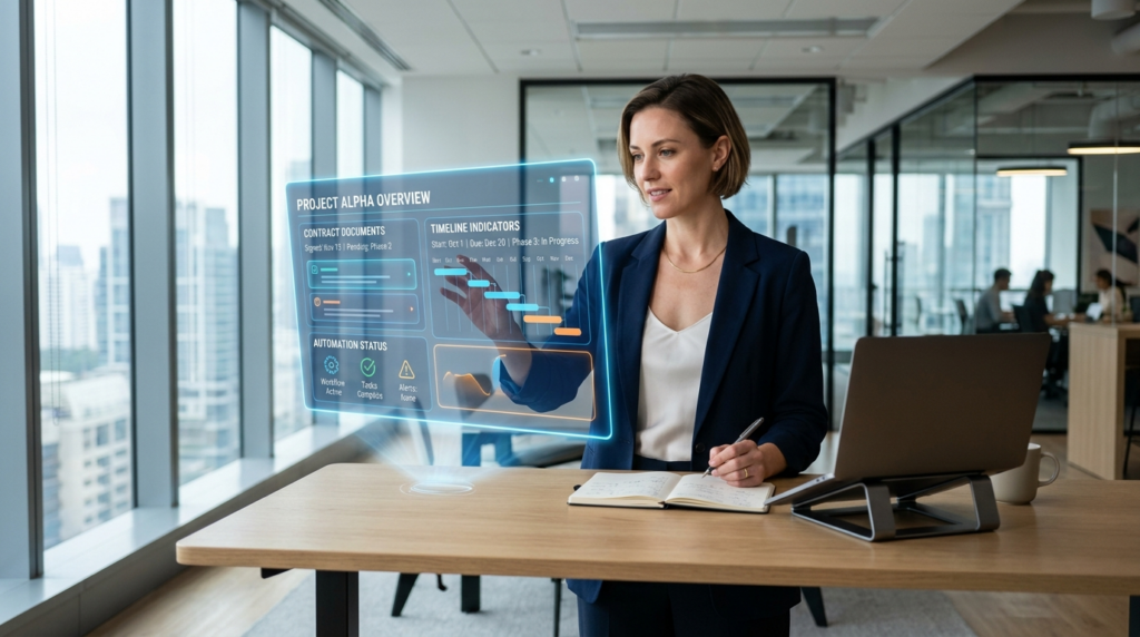 Mid-shot of focused female entrepreneur at standing desk rev